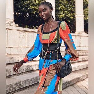 NWT Tory Burch Silk Tie-Waist Painted Geo Runway Midi Dress – Size 2